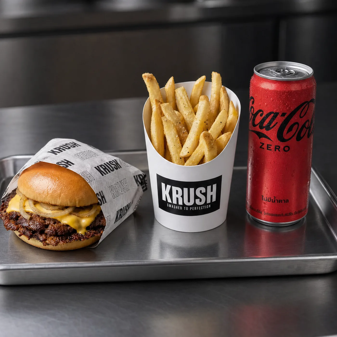 KRUSH combo — burger, fries and a drink on a steel tray