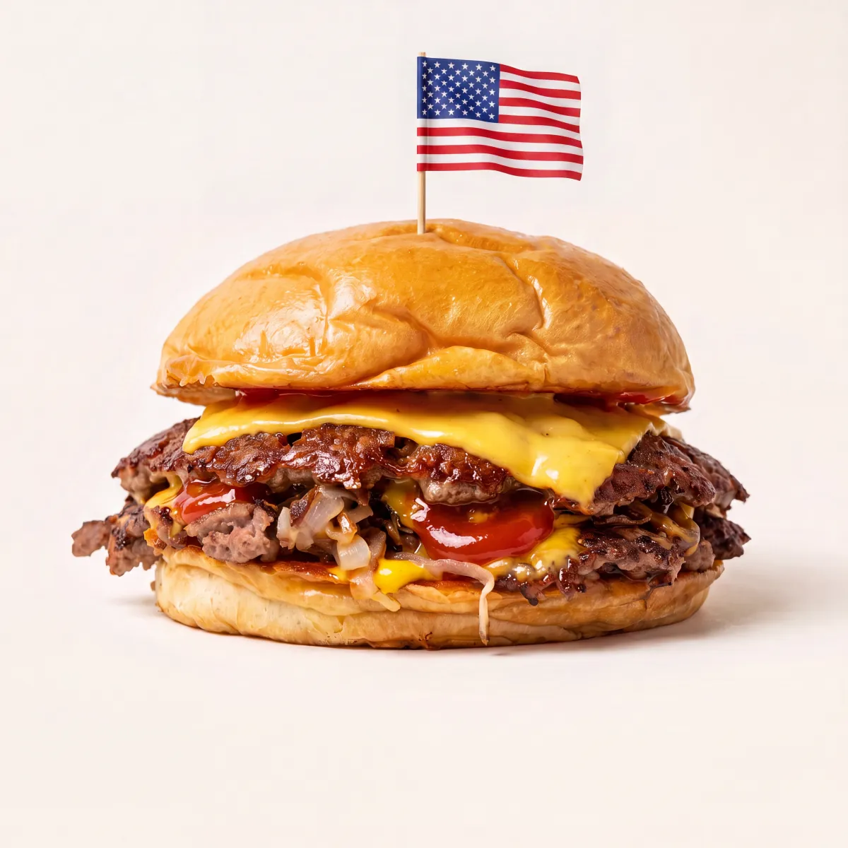 KRUSH All American Smash — double smashed beef, American cheese, Oklahoma-style onions, Heinz ketchup and French's mustard, with a US flag pick on top