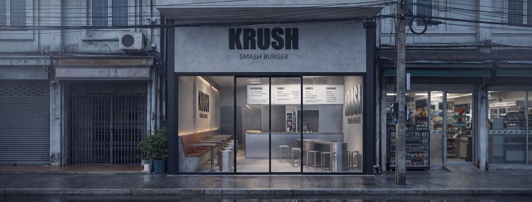 KRUSH Smash Burgers Bangkok flagship storefront at cold dawn on Sukhumvit