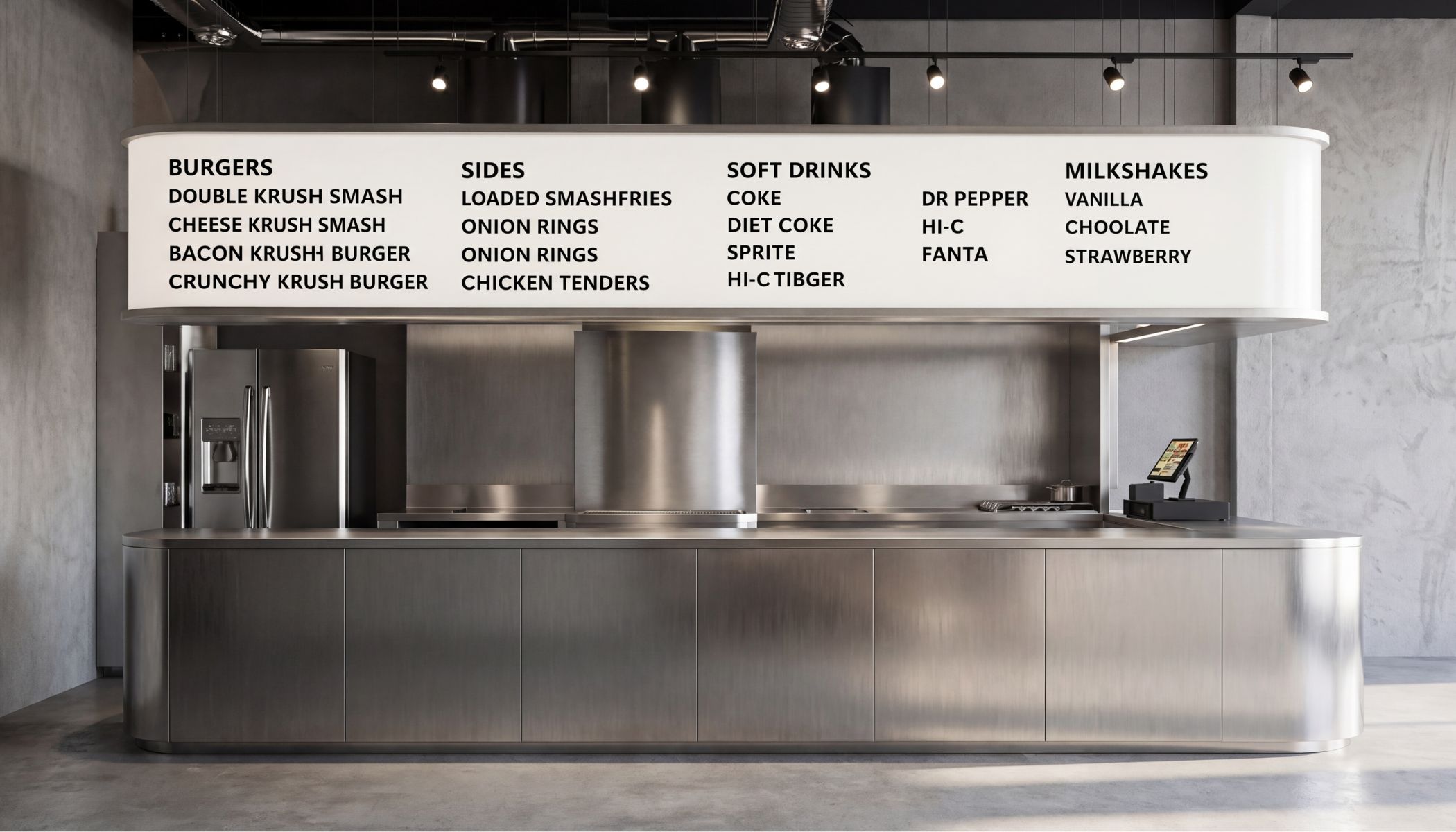 KRUSH Smash Burgers Bangkok — main floor with stainless-steel service counter and illuminated menu cloud