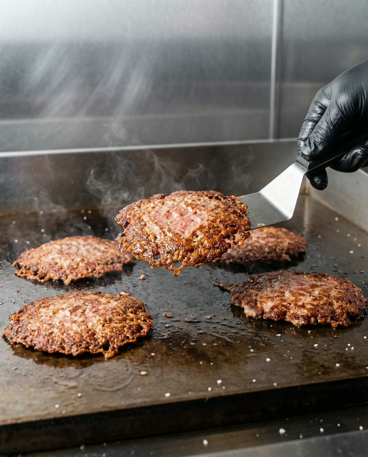 KRUSH signature smash burger — thin beef patties on a cast-iron griddle with lacy caramelized edges